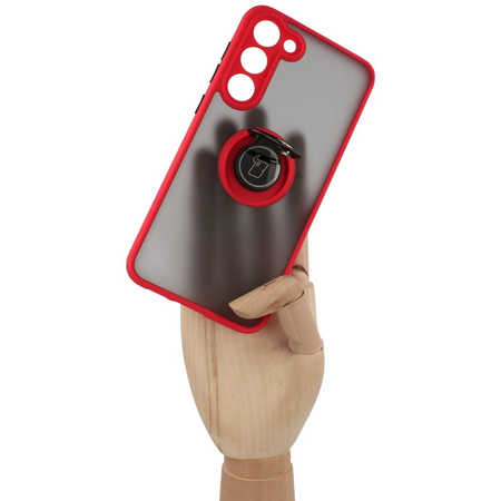 Etui z uchwytem na palec Bizon Case Hybrid Ring do Galaxy S23 Plus, przydymione z czerwoną ramką