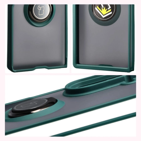 Etui z uchwytem na palec Bizon Case Hybrid Ring do Galaxy Z Fold7, przydymione z ciemnozieloną ramką