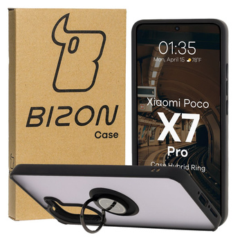 Etui z uchwytem na palec Bizon Case Hybrid Ring do Xiaomi Poco X7 Pro, przydymione z czarną ramką