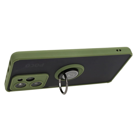 Etui z uchwytem na palec Bizon Case Hybrid Ring do Xiaomi Poco X5 Pro, przydymione z zieloną ramką