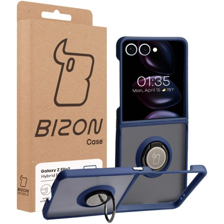 Etui z uchwytem na palec Bizon Case Hybrid Ring do Galaxy Z Flip7, przydymione z ciemnoniebieską ramką