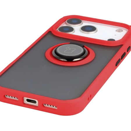 Etui z uchwytem na palec Bizon Case Hybrid Ring do iPhone 17 Pro, przydymione z czerwoną ramką