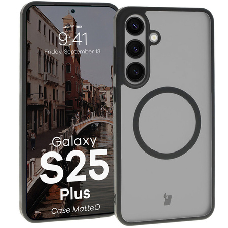 Etui z pierścieniem magnetycznym Bizon Case MatteO do Galaxy S25 Plus, półprzezroczyste z czarną ramką