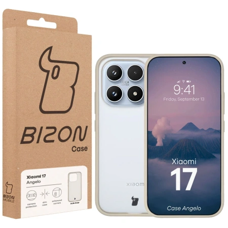 Etui Bizon Case Angelo do Xiaomi 17, półprzezroczyste z beżową ramką