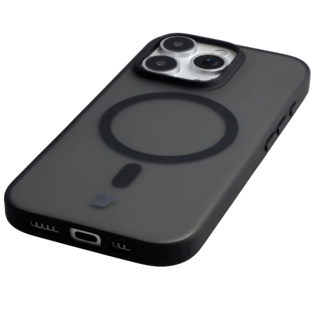 Etui z pierścieniem magnetycznym Bizon Case MatteO do iPhone 16 Pro, półprzezroczyste z czarną ramką