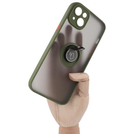 Etui z uchwytem na palec Bizon Case Hybrid Ring do iPhone 14 Plus, przydymione z zieloną ramką