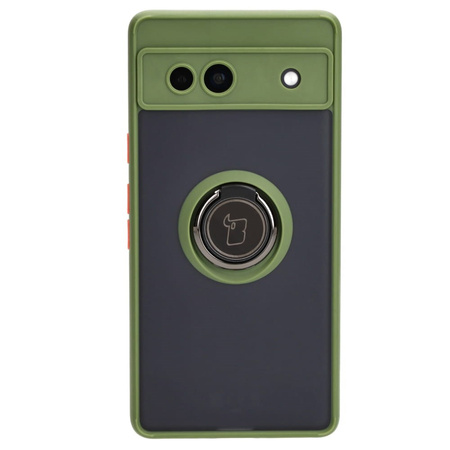 Etui z uchwytem na palec Bizon Case Hybrid Ring do Google Pixel 7A, przydymione z zieloną ramką