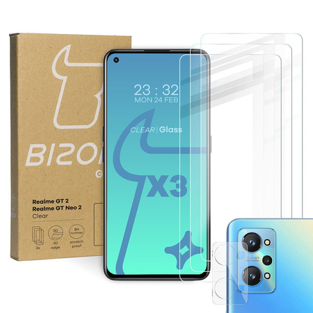 Szkło hartowane Bizon Glass Clear - 3 szt. + obiektyw, Realme GT 2 / Neo 2