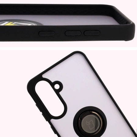 Etui z uchwytem na palec Bizon Case Hybrid Ring do Galaxy A36 5G, przydymione z czarną ramką