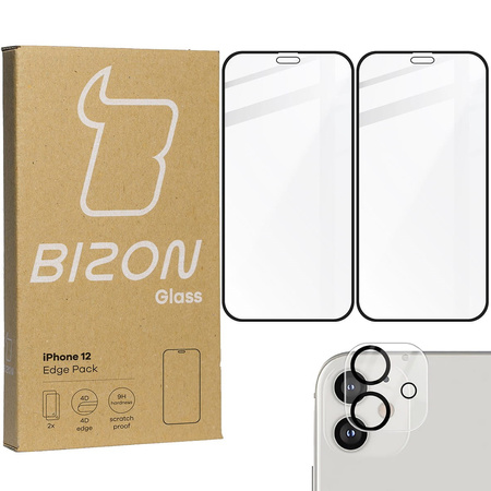 Szkło hartowane Bizon Glass Edge CF - 2 sztuki + ochrona na obiektyw, iPhone 12, czarne
