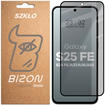 Prywatyzujące szkło hartowane Bizon Glass Edge Shadow do Galaxy S25 FE/S24 FE/A37 5G/A36 5G/A56 5G, przyciemniane z czarną ramką