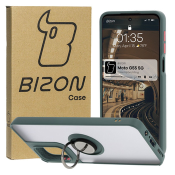 Etui z uchwytem na palec Bizon Case Hybrid Ring do Motorola Moto G55 5G, przydymione z ciemnozieloną ramką
