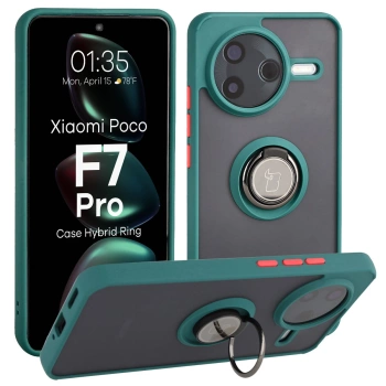 Etui z uchwytem na palec Bizon Case Hybrid Ring do Xiaomi POCO F7 Pro, przydymione z ciemnozieloną ramką