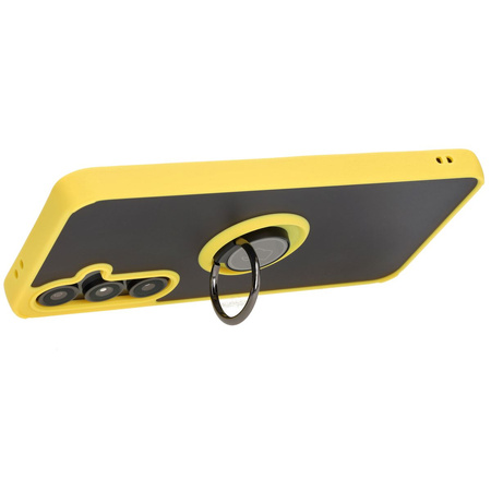 Etui z uchwytem na palec Bizon Case Hybrid Ring do Galaxy S24 FE, przydymione z żółtą ramką