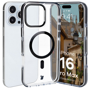 Etui z pierścieniem magnetycznym Bizon Case Marco do iPhone 16 Pro Max, przezroczyste z czarną ramką