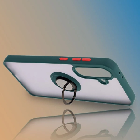 Etui z uchwytem na palec Bizon Case Hybrid Ring do Galaxy A36 5G, przydymione z ciemnozieloną ramką