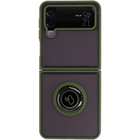 Etui z uchwytem na palec Bizon Case Hybrid Ring do Galaxy Z Flip4, przydymione z zieloną ramką