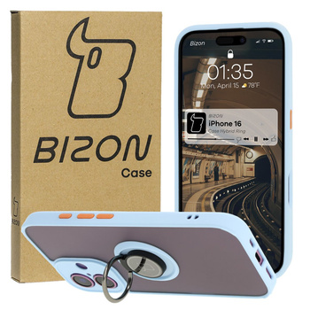 Etui z uchwytem na palec Bizon Case Hybrid Ring do iPhone 16, przydymione z jasnoniebieską ramką
