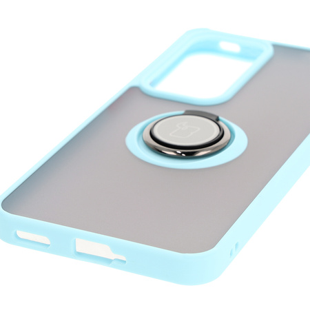 Etui z uchwytem na palec Bizon Case Hybrid Ring do Oppo Reno 12 Pro, przydymione z jasnoniebieską ramką