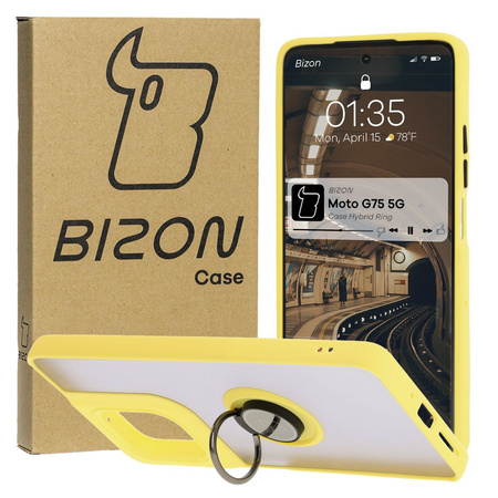 Etui z uchwytem na palec Bizon Case Hybrid Ring do Motorola Moto G75 5G, przydymione z żółtą ramką