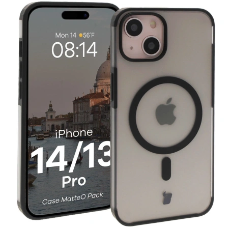 Etui z pierścieniem magnetycznym + szkło hartowane Bizon MatteO Pack do iPhone 14 / 13, przydymione-czarne