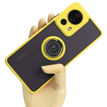 Etui z uchwytem na palec Bizon Case Hybrid Ring do Xiaomi 13 Lite, przydymione z żółtą ramką