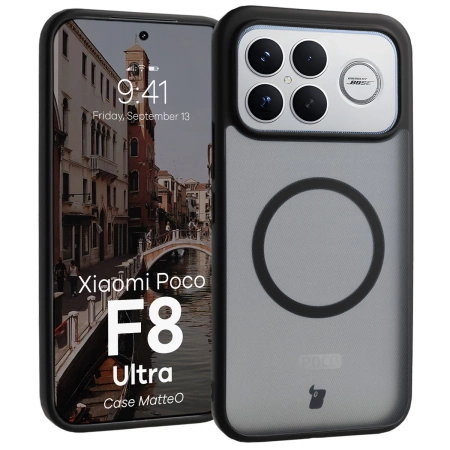 Etui z pierścieniem magnetycznym Bizon Case MatteO do Xiaomi POCO F8 Ultra, przydymione-czarne