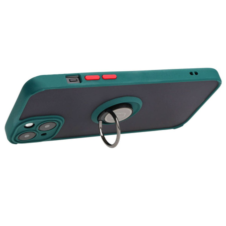 Etui z uchwytem na palec Bizon Case Hybrid Ring do iPhone 15 Plus, przydymione z ciemnozieloną ramką
