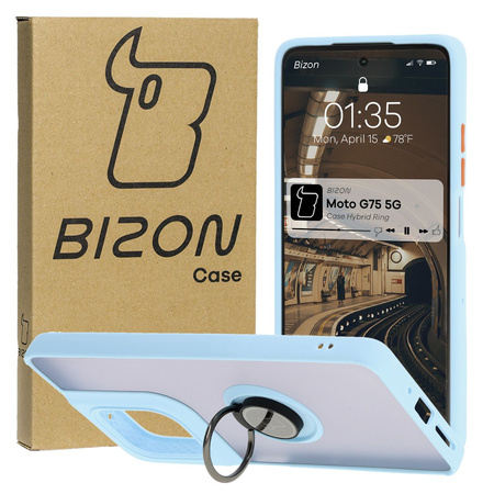 Etui z uchwytem na palec Bizon Case Hybrid Ring do Motorola Moto G75 5G, przydymione z jasnoniebieską ramką