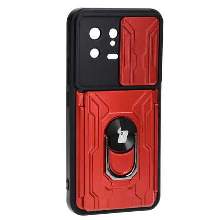 Etui Bizon Case Camshield Card Slot Ring do Xiaomi 13, czerwone