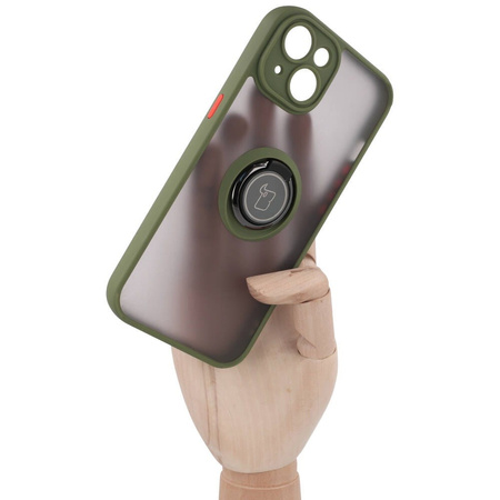 Etui z uchwytem na palec Bizon Case Hybrid Ring do iPhone 14, przydymione z zieloną ramką