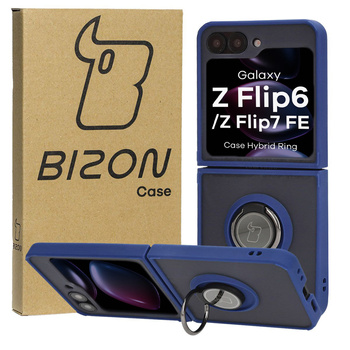Etui z uchwytem na palec Bizon Case Hybrid Ring do Galaxy Z Flip7 FE / Z Flip6, przydymione z granatową ramką