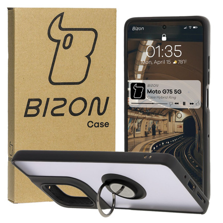 Etui z uchwytem na palec Bizon Case Hybrid Ring do Motorola Moto G75 5G, przydymione z czarną ramką