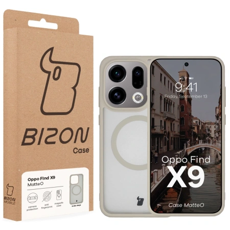 Etui z pierścieniem magnetycznym Bizon Case MatteO do Oppo Find X9, przydymione-beżowe
