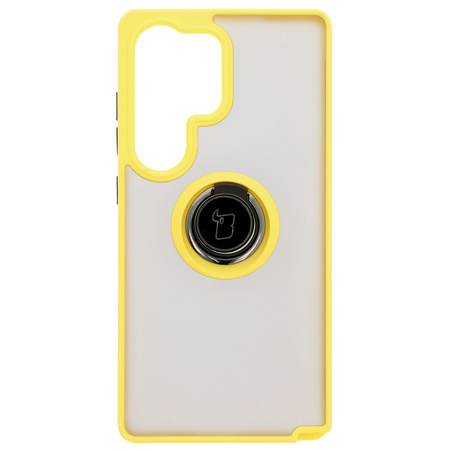 Etui z uchwytem na palec Bizon Case Hybrid Ring do Galaxy S25 Ultra, przydymione z żółtą ramką