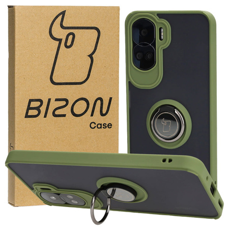 Etui z uchwytem na palec Bizon Case Hybrid Ring do Honor 90 Lite, przydymione z zieloną ramką