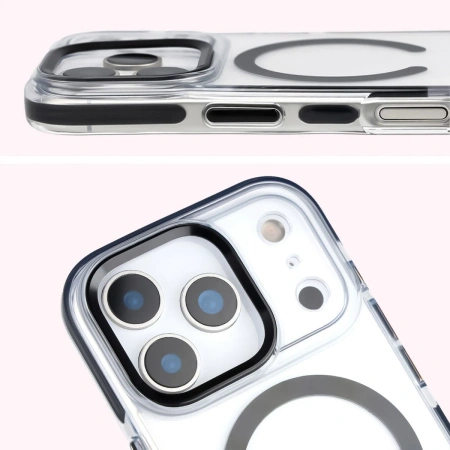Etui z pierścieniem magnetycznym Bizon Case Marco do iPhone 17 Pro, przezroczyste z czarną ramką