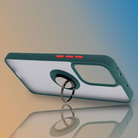 Etui z uchwytem na palec Bizon Case Hybrid Ring do Oppo Reno13 Pro, przydymione z ciemnozieloną ramką