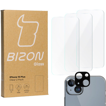 3x Szkło + szybka na aparat BIZON Clear 2 Pack do iPhone 15 Plus