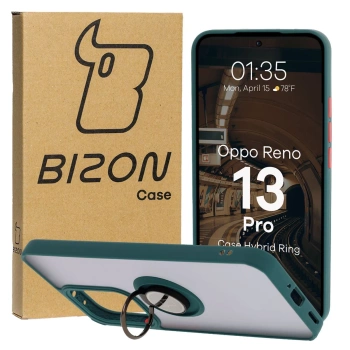 Etui z uchwytem na palec Bizon Case Hybrid Ring do Oppo Reno13 Pro, przydymione z ciemnozieloną ramką