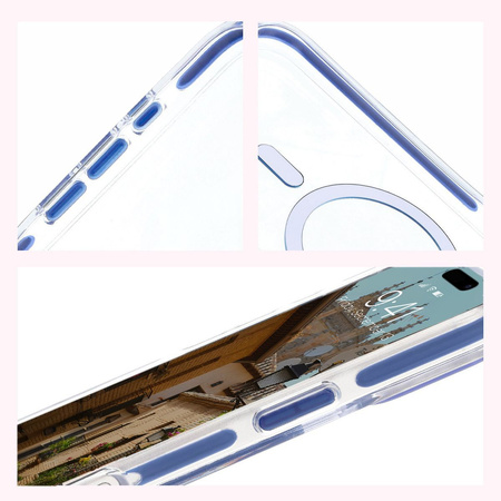 Etui z pierścieniem magnetycznym Bizon Case Marco do iPhone 16 Plus, przezroczyste z niebieską ramką