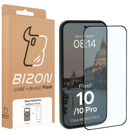 Etui z pierścieniem magnetycznym + szkło hartowane Bizon MatteO Pack do Google Pixel 10 / 10 Pro, przydymione-czarne