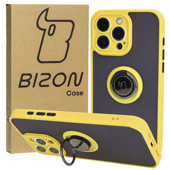 Etui z uchwytem na palec Bizon Case Hybrid Ring do iPhone 15 Pro Max, przydymione z żółtą ramką