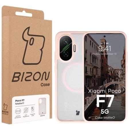 Etui z pierścieniem magnetycznym Bizon Case MatteO do Xiaomi POCO F7, przydymione-różowe