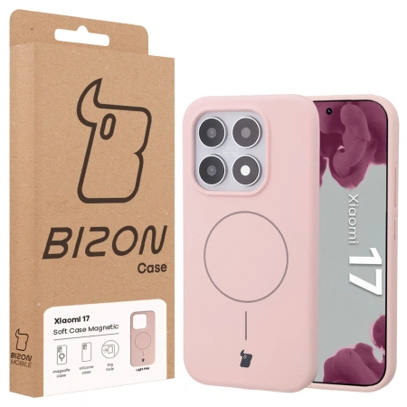 Silikonowe etui z pierścieniem magnetycznym Bizon Soft Case Magnetic do Xiaomi 17, jasnoróżowe