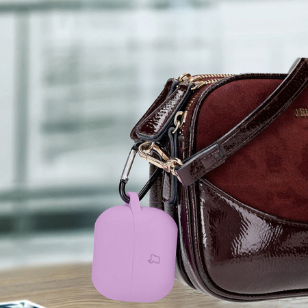 Silikonowe etui z karabińczykiem Bizon Case Headphone Silicone do Galaxy Buds 3/3 Pro/3 FE, jasnofioletowe