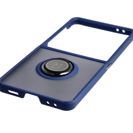 Etui z uchwytem na palec Bizon Case Hybrid Ring do Galaxy Z Flip7, przydymione z ciemnoniebieską ramką