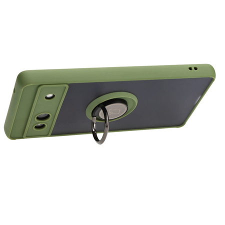 Etui z uchwytem na palec Bizon Case Hybrid Ring do Google Pixel 7A, przydymione z zieloną ramką