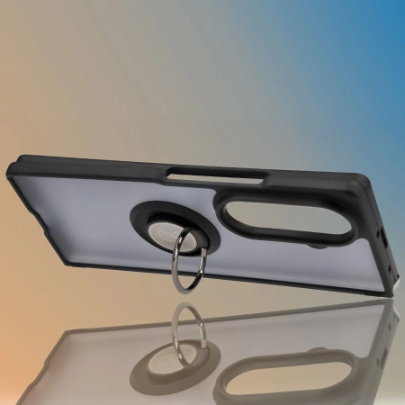 Etui z uchwytem na palec Bizon Case Hybrid Ring do Galaxy Z Fold7, przydymione z czarną ramką