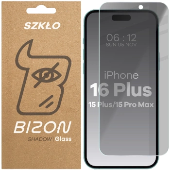 Prywatyzujące szkło hartowane Bizon Glass Clear Shadow do iPhone 15 Plus / 15 Pro Max / 16 Plus, przyciemniane